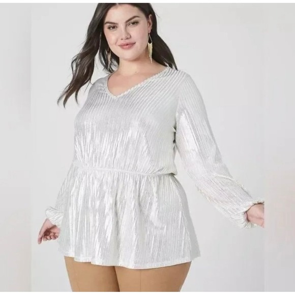 Lane Bryant Women's Metallic Pleated Long Sleeve Peplum Top Plus Size NWT - Picture 1 of 10